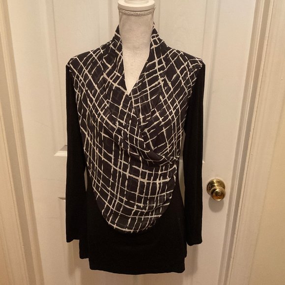 Scapa Lauren Perre Blouse M Black White Crossover Neckline Long Sleeve - Picture 1 of 10